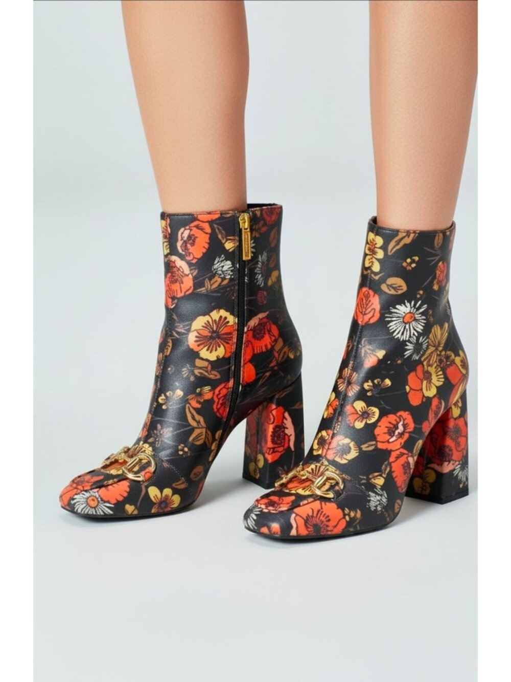 Floral Block Heel Ankle Boots With Gold Buckle Detailing - Picture 2 of 6